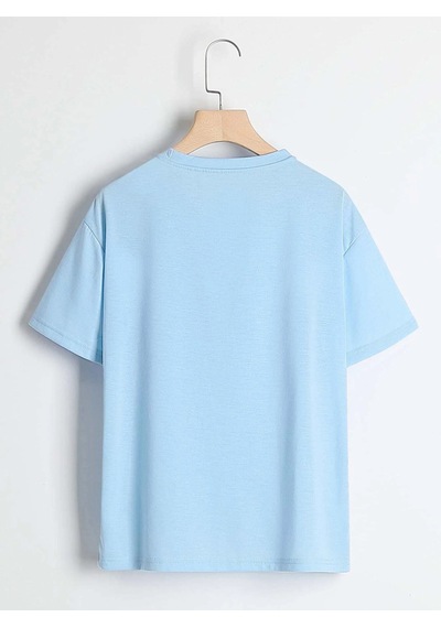 Flood Of Style Unisex Bebe Mavisi Robotik Ayıcık Baskılı Oversize Bisiklet Yaka T-shirt Mavi