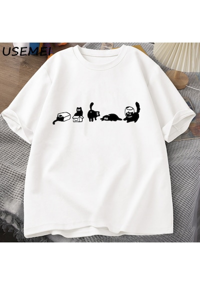 Flood Of Style Beş Ruh Kediler T-shirt Boy Kedi Anne Tee Komik Pamuk Kısa Kollu Kedi Severler T Shirt Erkek Beyaz