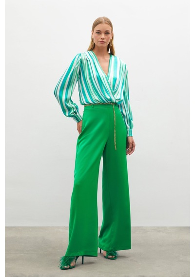 Sateen Zincirli Saten Krep Pantolon - Yeşil-134888 Yeşil