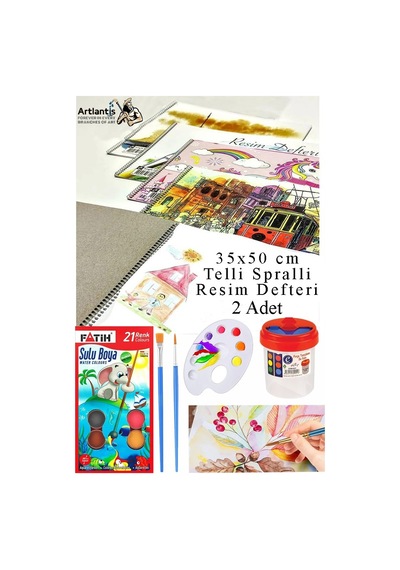 21 Renk Fatih Sulu Boya 35x50 Cm Telli Spralli Resim Defteri Resim Paleti Resim Fırçası Temizleme Kabı Suluboya Okul