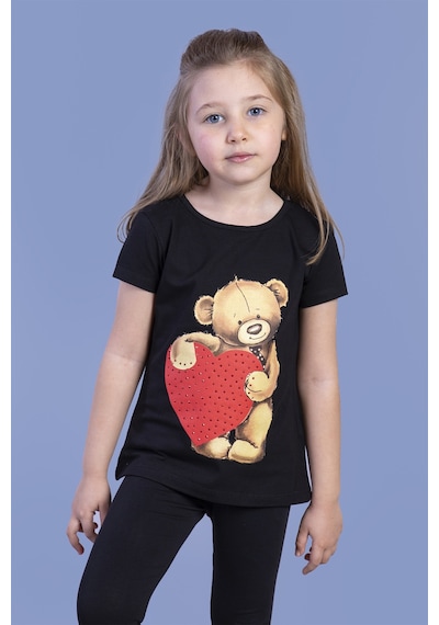 Toontoy Kids Toontoy Kız Çocuk Kalpli Ayıcık Baskılı Taş İşlemeli Tişört Siyah