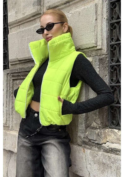 Veraura Lifestyle Neon Yeşil Sırtı Taş İşlemeli Dik Yaka Kısa Şişme Yelek