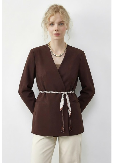 Shade Kadın Kruvaze Yaka Fular Kemerli Kadın Blazer Ceket 8014 60283988 - Kahverengi