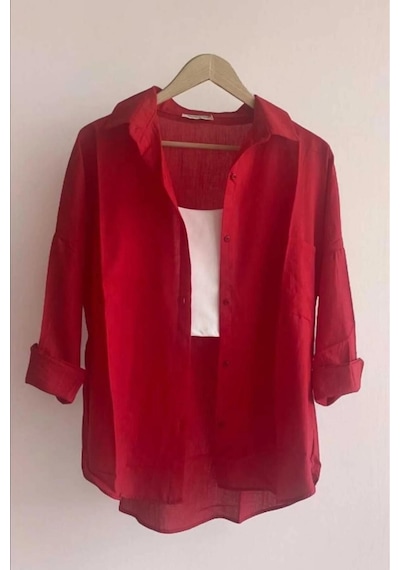 Rouge Basıc Oversize Keten Dokulu %100 Pamuk Salaş Gömlek Kırmızı