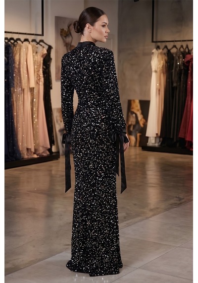 Dorne Moda Payetli Kemer Detaylı Uzun Kollu Balık Model Abiye Elbise Altın Altın