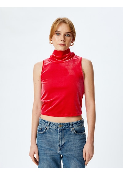Koton Kadife Crop Top Kolsuz Dik Yaka Kırmızı 5wak10005ek Kirmizi