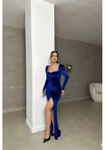 Euro Class Kadın Şık Kare Yaka Taş Detaylı Uzun Kollu Abiye Elbise Saks