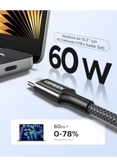 Usb-c 60w 3a Qc Pd Örgülü Hızlı Şarj Kablosu, 2 Metre, Beyaz, 35254