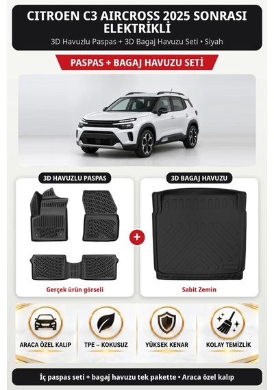 Citroen C3 Aircross 2025+ Elektrikli 3d Havuzlu Paspas + 3d Bagaj Havuzu Seti Sabit Zemin Siyah