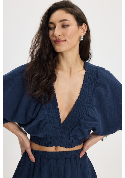 Tudors Kadın Oversize Geniş Kesim %100 Pamuk Kruvaze Yaka Crop Fırfırlı Lacivert Şort Etek Takım-50559