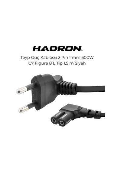 Hadron C7 Figure 8 L Tip Teyp Güç Kablosu 1.5 Metre - Tv, Radyo, Uydu Alıcısı İçin 90 Açılı 2 Pin 1 Mm 500w Power Kablosu - Siyah