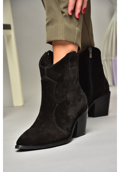 Fox Shoes T380082502 Siyah Süet Kovboy Model Kalın Topuklu Kadın Bot Siyah