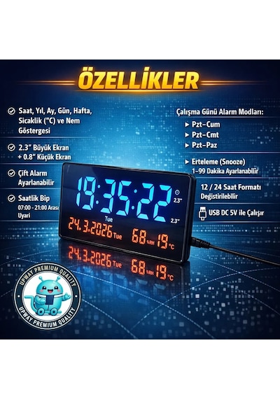 Upway 15 36 Cm Büyük Hd Led Dijital Duvar Saati Alarm Tarih Sıcaklık Nem Siyah