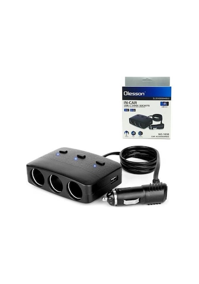 Ayt Olesson 1636 12-24v 3lü Çift Usbli 100w 70 Cm Kablolu Araç Oto Tır Çakmak Çoklayıcı Çakmaklık Çoğaltıcı