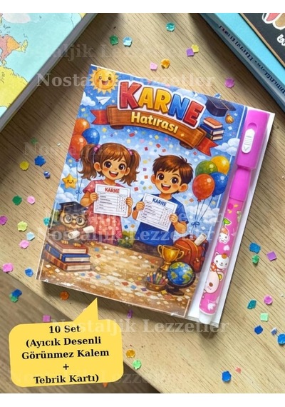 Karne Hediyesi 10 Set Ayıcık Desenli Görünmez Kalem Ve Tebrik Kartı