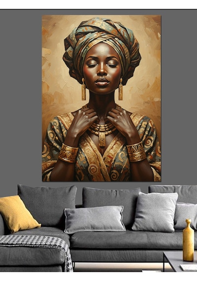 Ahşap Tablo Başlıklı Altın Takılı Afrikalı Kadın