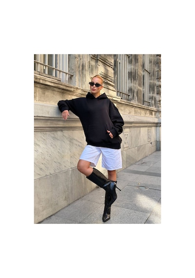 Zdnjeans Kadın Taşlı Kanat Baskılı Oversize Kapüşonlu Sweatshirt siyah