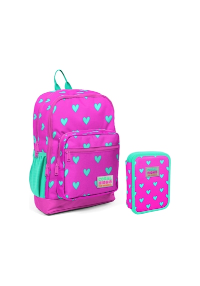 Coral High Yeşil Pembe Kalp Desenli Kız Çocuk Okul Çantası Ve Organizer Kalemlik Seti 23113 11133 Pembe - Yeşil