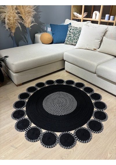 Mavaux Siyah Jüt Hasırlı El Örgüsü Kilim Halı Hasır Yuvarlak Siyah