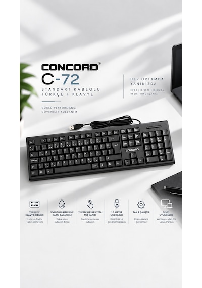 Concord C-72 Standart Kablolu Türkçe F Klavye Yüksek Kalite Sessiz F Klavye Standart Tüm Pc Uyumlu - Okullar Için Uygundur - Katip Katiplik Sınav