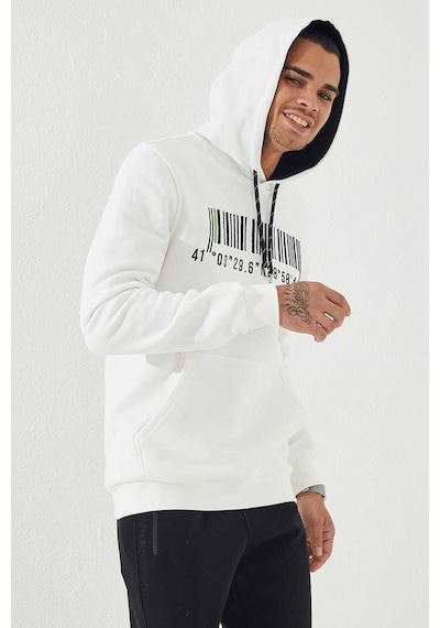 Tommy Life Ekru Nakışlı Kanguru Cep Standart Kalıp Kapüşonlu Erkek Sweatshirt - 87839 Ekru