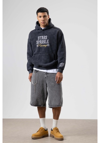 Vamos Oversize Nakış Baskılıkapüşonlu Sweatshirt Siyah