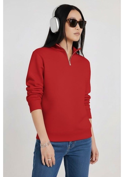 Afri Kadın 3 İplik Şardonlu Yarım Fermuarlı Kırmızı Sweatshirt İçi Pamuklu Kalın Kumaş, Tam Kalıp Rahat Model Kırmızı