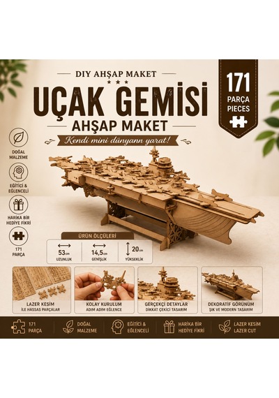 Uçak Gemisi Ahşap Maket Seti Dıy 3d Puzzle Deniz Kuvvetleri Koleksiyoner Modeli 171 Parça