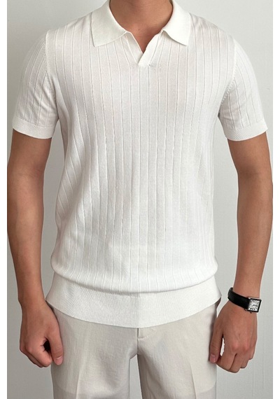 Cool Tarz Erkek Slim Fit Fitilli Polo Yaka Triko T-shirt Beyaz Beyaz