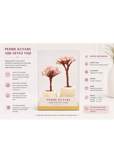 Pembe Kuvars Doğal Taş Ağaç 2li Premium Masaüstü Dekor Objesi - Bgapembekuvars02