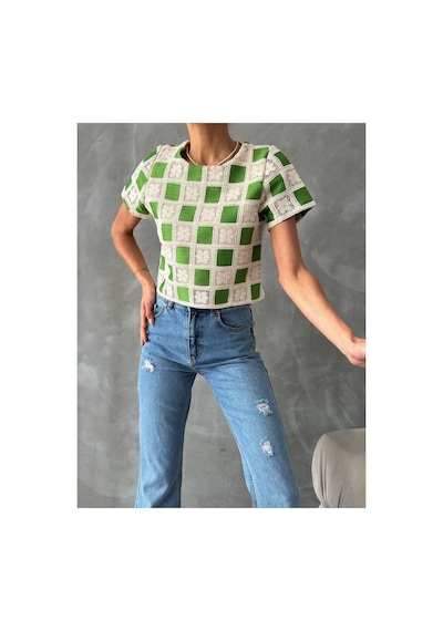 Verymoda Kısa Kollu Dama Desen Tiğişi Bluz D2619 Ham Zümrüt