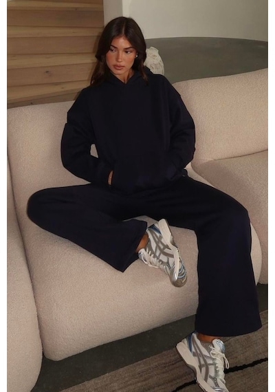Lacivert Kapüşonlu Şardonlu Oversize Cepli Sweatshirt Mg2206