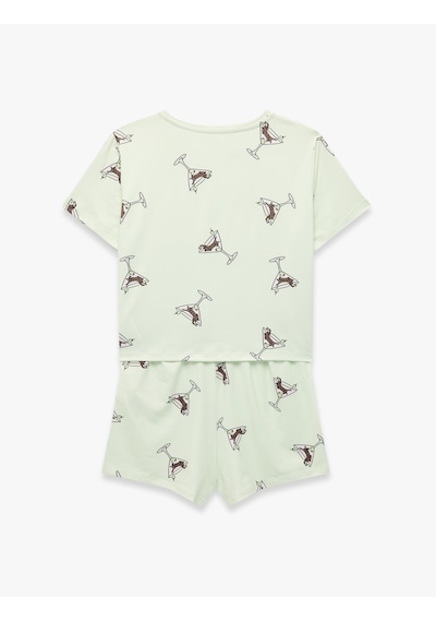 Koton Bisiklet Yaka Kısa Kollu Rahat Kesim Şortlu Pijama Takımı Yeşil 6slk40171mk