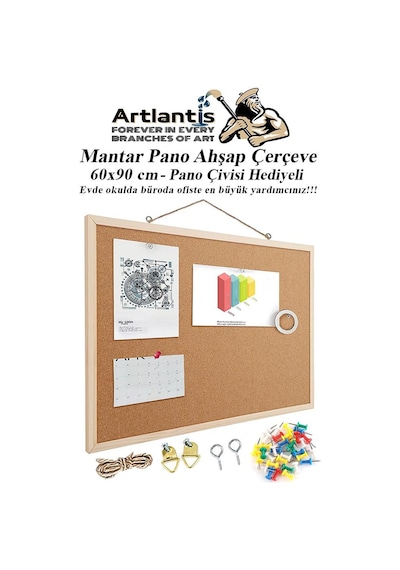 Mantar Pano Ahşap Çerçeve 60x90 Cm 1 Adet Harita Çivisi Hediyeli Duvara Monte Mantar Çerçeve Evde Okulda Büroda Ofiste 60 x 90 CM