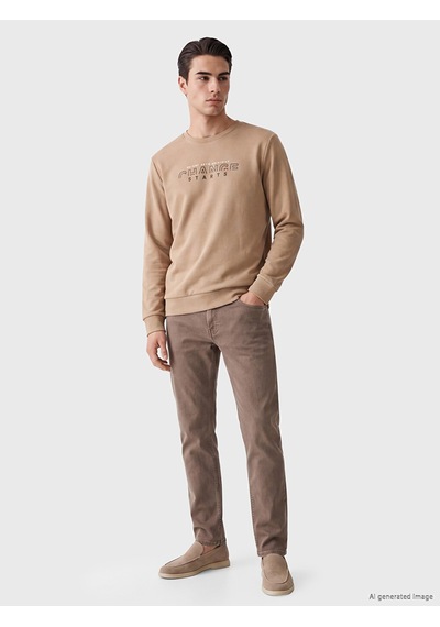 Lcwaıkıkı Classic Bej Bisiklet Yaka Baskılı Sweatshirt
