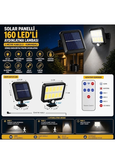 160 Led Solar Bahçe Aydınlatması, 6&amp Apos Lı Güneş Panelli Led Lamba, 5 Metre Kablolu Ve Kumandalı 4801