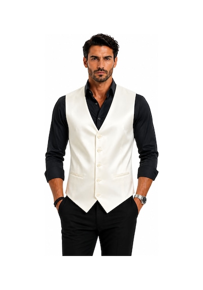 Mentor Regalo Erkek Yelek V Yaka Ekru Saten Damatlık İçin Uygun 50312