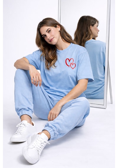 Sevgili Kombini Kalp Baskılı Oversize Çift Tişört Unisex Uyumlu P Mavi