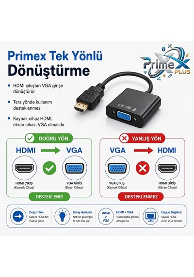 Primex Px-1240s Hdmı To Vga Çevirici Adaptör, Hdmı Erkek Vga Dişi, 30 Cm, Full Hd Görüntü Dönüştürücü