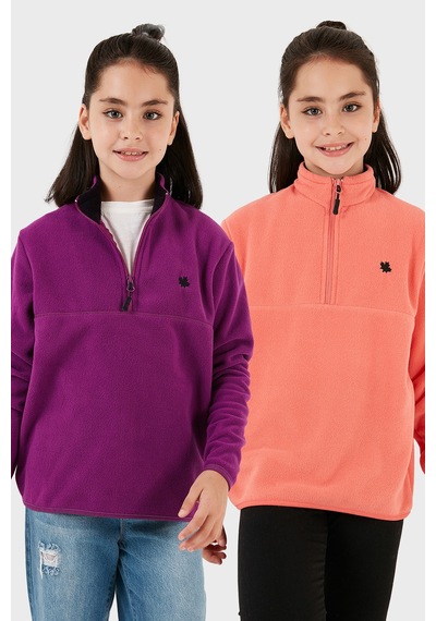 Lela Yumuşak Dokulu Fermuarlı Dik Yaka Şardonlu 2'Li Paket Çocuk Polar 5905002S2 Mor-Somon