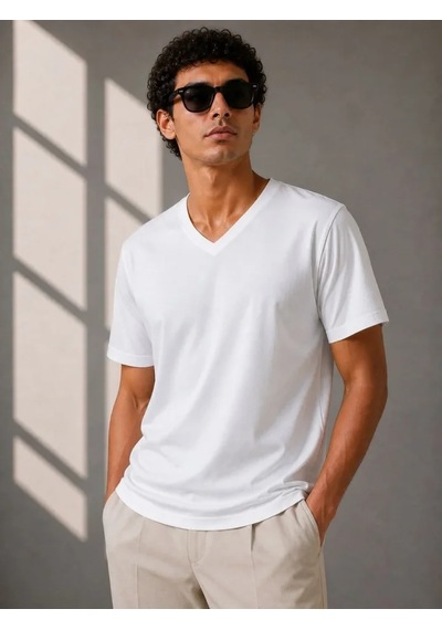 Modi Erkek V Yaka Basic Tişört Kısa Kol Yazlık Regular Fit T-shirt - Beyaz Açık Beyaz