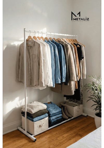 Beyaz Metal Konfeksiyon Askısı - Minimalist Elbise Askılığı - Butik Tipi Askı Beyaz