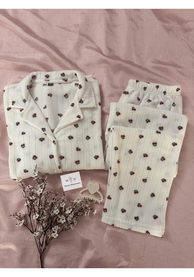 Mh Moony Homewears Onur Kiraz Desenli Kışlık Termal Polar Kumaş Pijama Takımı Bordo Tonlar Ve Beyaz
