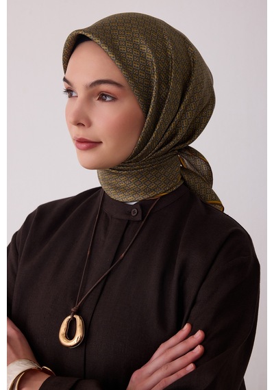 Belli Monogram Desen %100 Twill İpek Eşarp Be18 Haki-hardal