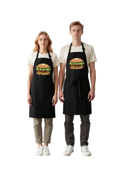 Unisex Mutfak Aşçı Önlüğü Hamburger Para Baskılı Komik Tasarım Gü Siyah