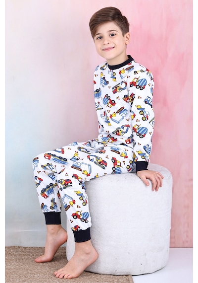 Modanino Erkek Çocuk İş Makineleri Baskılı Pijama Takımı 1-7 Yaş 12291 Beyaz