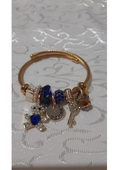 Uzel Çelik Sarı Gold Model Anahtarlı Ayıcık Charmlı Çelik Bileklik Mavi
