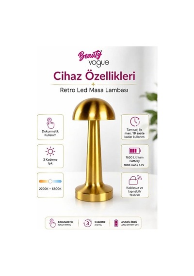 Tr Mantar Lamba, 3 Kademeli Işık, Usb Şarjlı, Şarjlı Dokunmatik Led Lamba, Kablosuz Gece Lambası, Gold Masa Lamba Genel