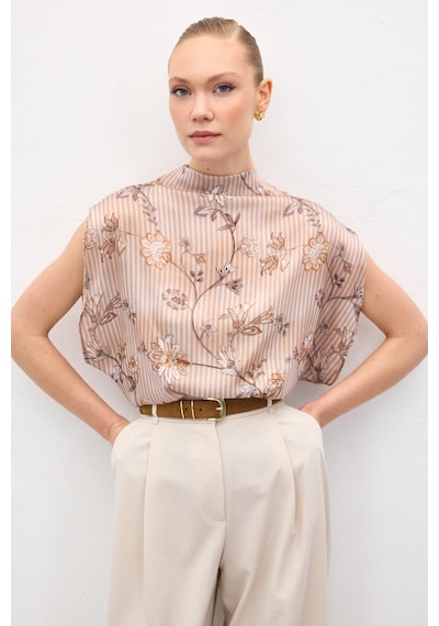 Sateen Kısa Kollu Desenli Bluz - Kahve-137042 kahve