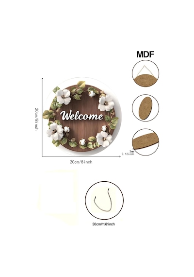 Kututr Beyaz Çiçekli Hoşgeldiniz Yazılı Uv Baskı 3d Görünümlü Mdf Kapı Süsü 20 Cm Ks008 Çok Renkli